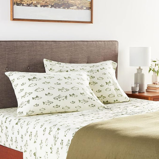 Eddie Bauer - Queen Sheet Set, Warm Breathable Cotton Flannel Bedding with Deep Pockets, Brushed for Extra Softness, Cozy Home Decor, Oeko-Tex Certified (School of Fish, Queen)