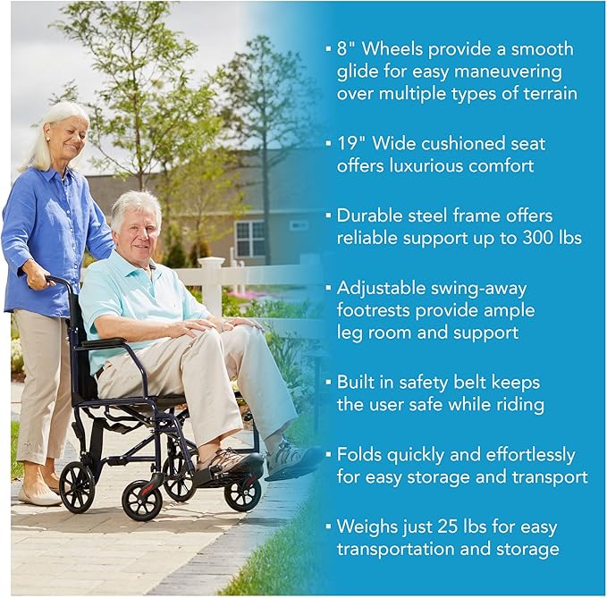 Carex Transport Wheelchair, Rolling Transport Wheelchair with 19-Inch Seat and Swing-away Footrest, Easy Folding for Compact Storage and Transportation, Supports up to 300 lbs with Padded Armrests and Seat Belt