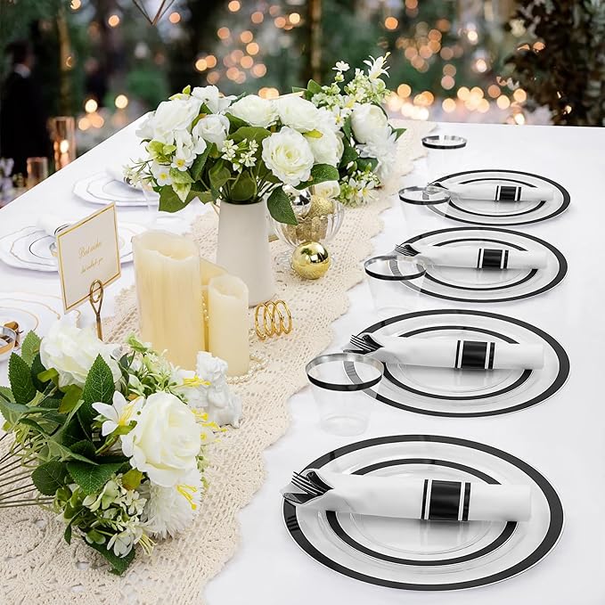 350Pcs Plastic Dinnerware Set, Disposable Dinnerware Party Set for 50 Guests, Include 50 Dinner Plates, 50 Dessert Plates, 50 Cups, 50 Napkins, 50 Spoons, Forks and Knives(Black)