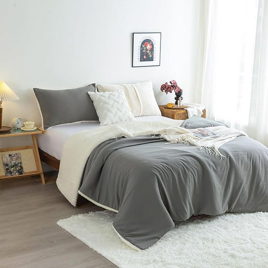 Super Soft Fleece Sherpa Comforter Sets Twin Size, Warm Medium Weight Comforter for All Season, Fuzzy Plush Reversible Dorm Bedding Down Comforter and 1 Pillowsham - Dark Grey and White Twin/Twin XL