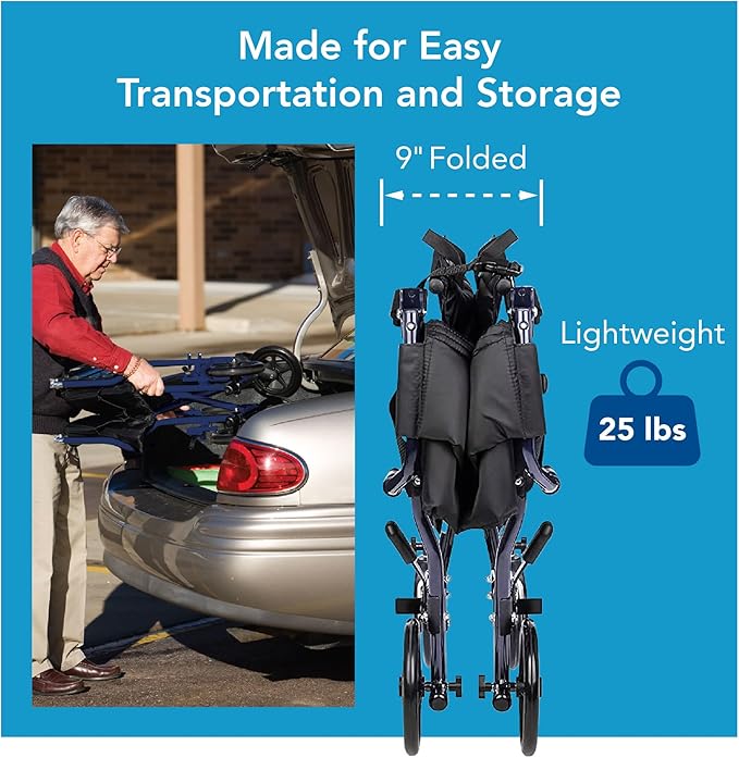 Carex Transport Wheelchair, Rolling Transport Wheelchair with 19-Inch Seat and Swing-away Footrest, Easy Folding for Compact Storage and Transportation, Supports up to 300 lbs with Padded Armrests and Seat Belt