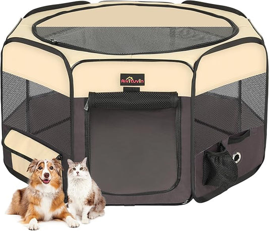 Portable Pet Playpen, Foldable Dog Tent Crate Cage for Puppies and Cats, Exercise Pop Up Dog Kennel with Carrying Case Indoor Outdoor, Waterproof and Zipper Top Cover Door