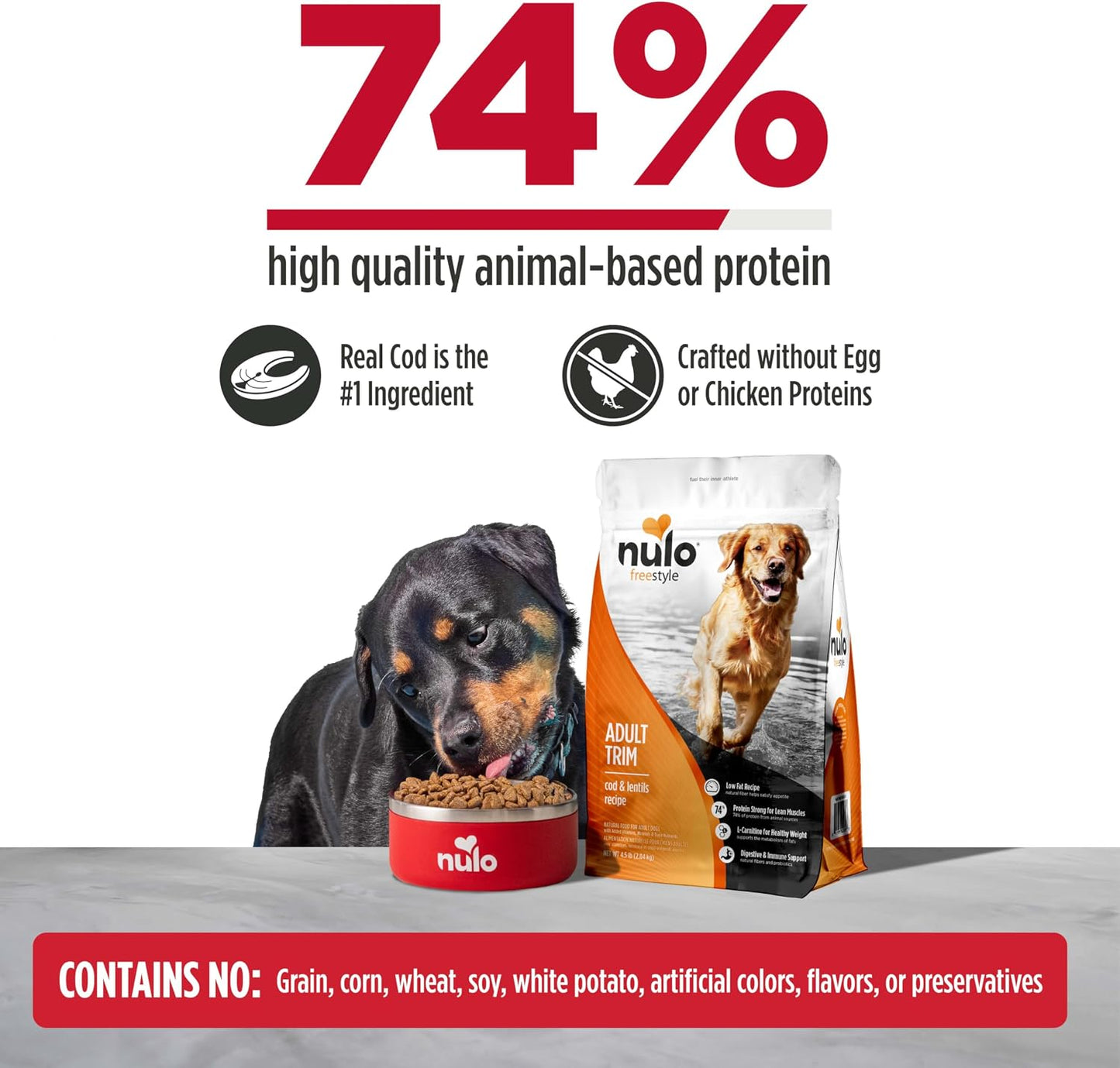 Nulo Freestyle Adult Trim Formula Dry Dog Food, Grain-Free Kibble, Helps Promote Weight Management, with Healthy Digestive Aid BC30 Probiotic and L-Carnitine, Cod & Lentils, 26LB Bag 63492