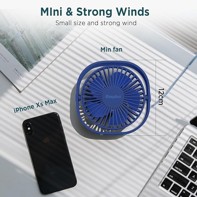 EasyAcc USB Small Desk Fan, Slumber Pod Fan [360°Rotatable Head &Powerful ] 3 Speeds Portable Personal Table Travel Fan for Sleeping Desk Cruise Ship Dorm Bedroom Office (No Battery)