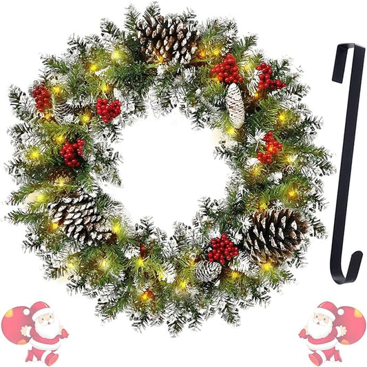 Christmas Wreath Garland Outdoor, Pre-lit Artificial Xmas Garland for Front Door Decor CArs 50 LEDs Lights Battery Opperated- Snowflake Pinecone Red Berry Fir Garland (18inch)