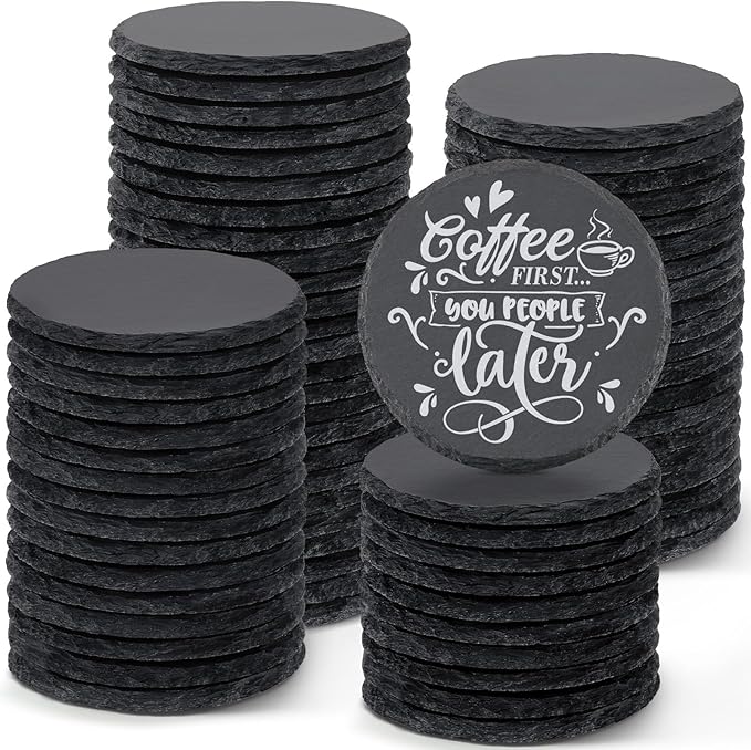 MAPRIAL 5 Pieces Slate Coasters, 4 Inch Round Coasters for Drinks Black Stone Coasters Bulk Rustic Coasters Set with Anti-Scratch Backing for Bar, Housewarming Gifts, DIY, Home Decor, Table, Cup