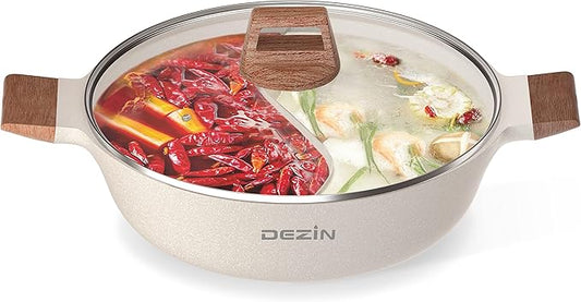 Dezin Double-Flavor Hot Pot With Divider, 5-QT Nonstick Shabu Shabu, 12 Inch Dual Sided Hotpot, Divided Cooking Pot for Induction Cooktop, Gas Stove & Hot Burner