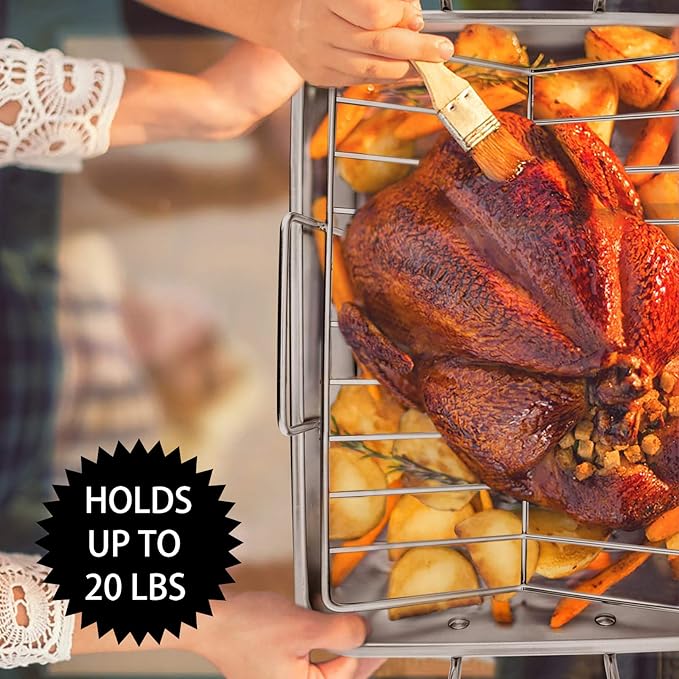 15¼" Roaster Roasting Pan with Baking Rack and V-Shaped Rack, P&P CHEF Stainless Steel Rectangular Lasagna Pan with Handles for Turkey Chicken, Heavy Duty & Healthy & Dishwasher Safe, 3 Pieces