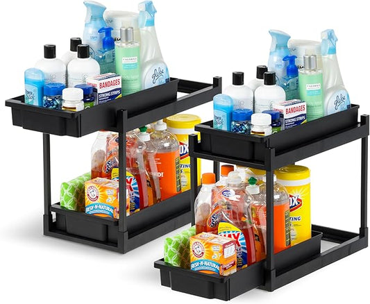 Under The Sink Organizer for Home, Cabinets, Pantry, Countertop, Office, 2 Pack, Black