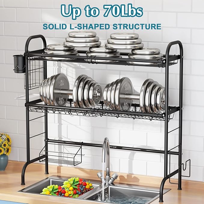 Over The Sink Dish Drying Rack,HOWDIA 3-Tier Stainless Steel Large Over The Sink Dish Rack with Utensil Holder Dish Drainers for Kitchen Counter (Black)