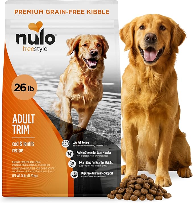Nulo Freestyle Adult Trim Formula Dry Dog Food, Grain-Free Kibble, Helps Promote Weight Management, with Healthy Digestive Aid BC30 Probiotic and L-Carnitine, Cod & Lentils, 26LB Bag 63492