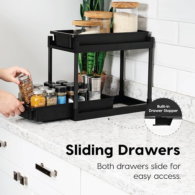 Under The Sink Organizer for Home, Cabinets, Pantry, Countertop, Office, 2 Pack, Black