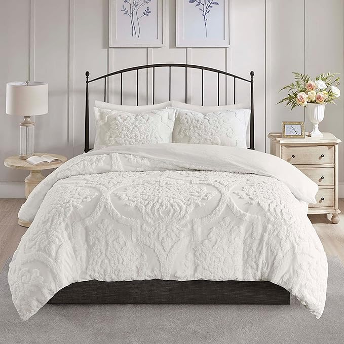 Madison Park Tufted Chenille 100% Cotton Duvet Modern Luxe All Season Comforter Cover Bed Set with Matching Shams, Full/Queen(90"x90"), Damask Off White 3 Piece
