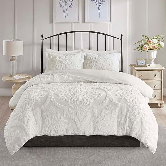 Madison Park Tufted Chenille 100% Cotton Duvet Modern Luxe All Season Comforter Cover Bed Set with Matching Shams, Full/Queen(90"x90"), Damask Off White 3 Piece