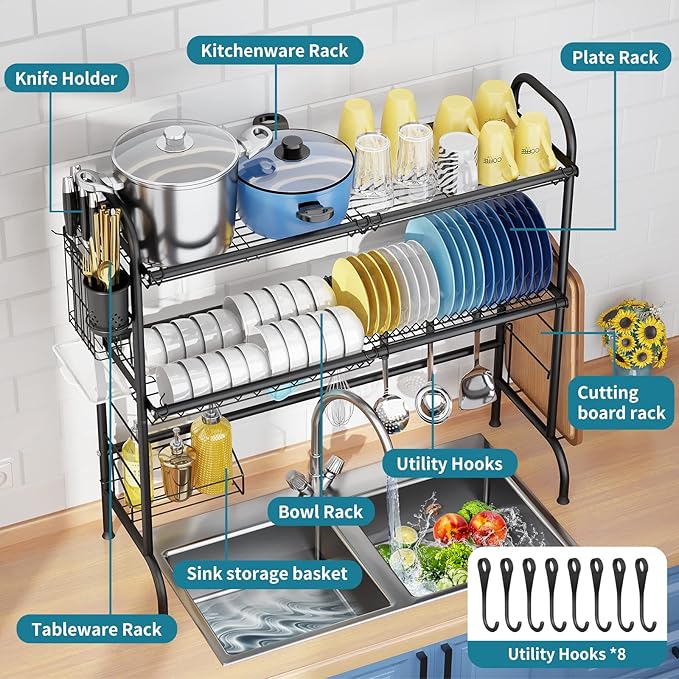 Over The Sink Dish Drying Rack,HOWDIA 3-Tier Stainless Steel Large Over The Sink Dish Rack with Utensil Holder Dish Drainers for Kitchen Counter (Black)