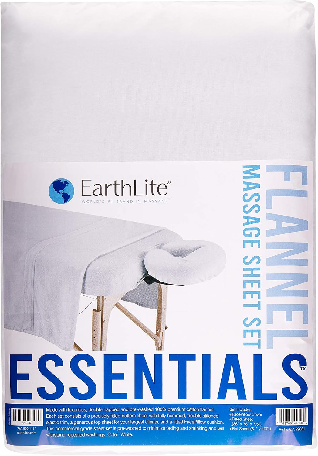 EARTHLITE Flannel Massage Table Sheet Set ? Commercial Grade, Soft, Double-Napped 3-Piece Set (Top, Fitted, Face Pillow Cover) 63197