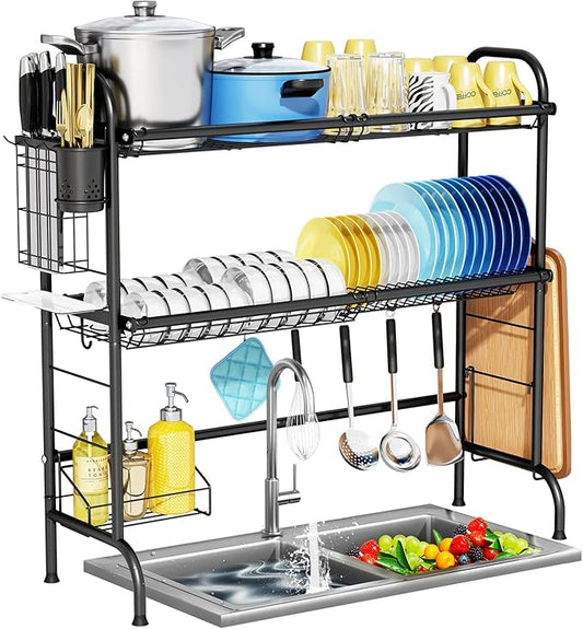 Over The Sink Dish Drying Rack,HOWDIA 3-Tier Stainless Steel Large Over The Sink Dish Rack with Utensil Holder Dish Drainers for Kitchen Counter (Black)