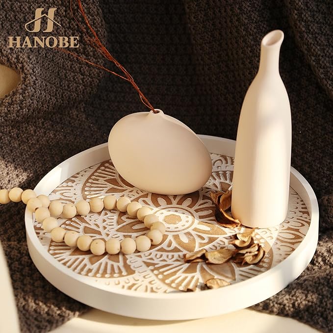 Hanobe Round Wood Decorative Tray: Rustic Coffee Table Tray with Wood Beaded Garland Farmhouse Tray Decor White Washed Boho Centerpiece Wooden Serving Trays for Kitchen Counter