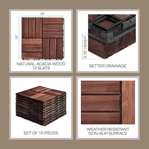 10 Pcs Premium Deck Tiles, Interlocking Deck Tile, Wooden Patio Flooring Outdoor Waterproof, Acacia Wood Decking All Weather for Balcony, Indoor and Outdoor Use (Dark Brown, Square Joints)