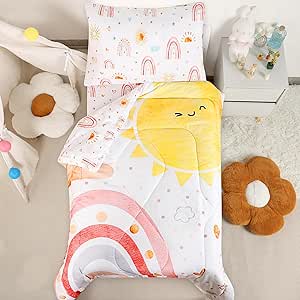CARUILI 4 Piece Toddler Bedding Set for Girls, Boho Rainbow Toddler Bed Comforter Set, Ultra Soft & Breathable Kids Bedding Includes Quilted Comforter, Flat Sheet, Fitted Sheet, Pillowcases, Pink