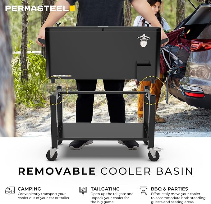 Permasteel 80-Qt Classic Outdoor Patio Cooler for Outside, Outdoor Beverage Cooler Bar Cart, Rolling Cooler with Wheels & Handles, Retro Design, Black 63517