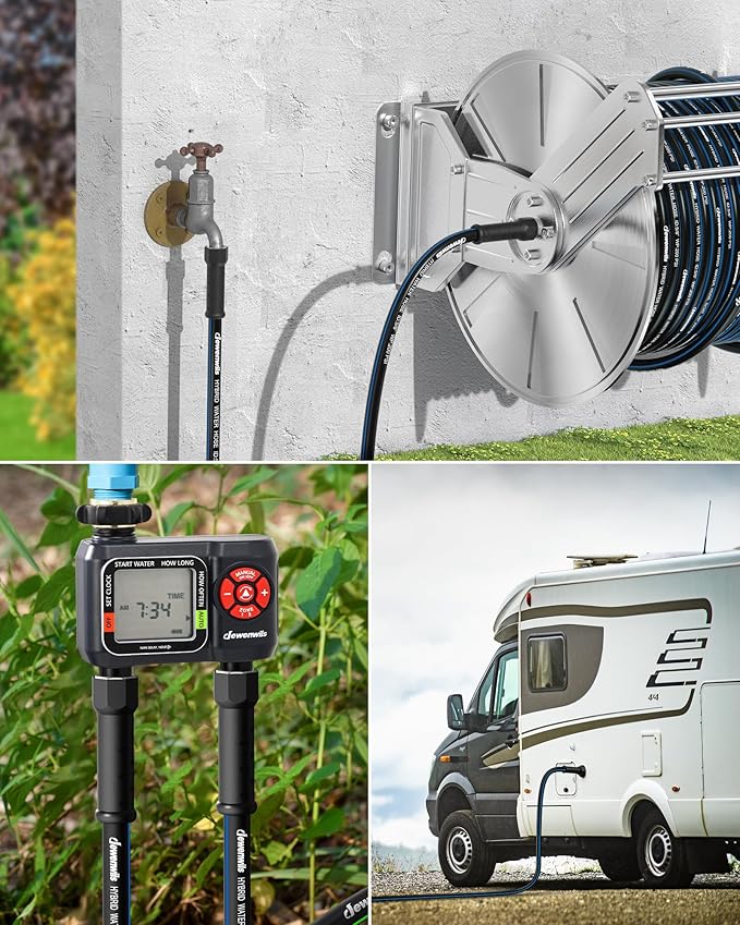 DEWENWILS Garden Hose 100 ft x 5/8", Hybrid Water Hose with Rotate Handle, Heavy Duty, Lightweight, Flexible Hose for Plants, Car, Yard, 3/4 Inch Solid Fittings, Drinking Water Safe, Black