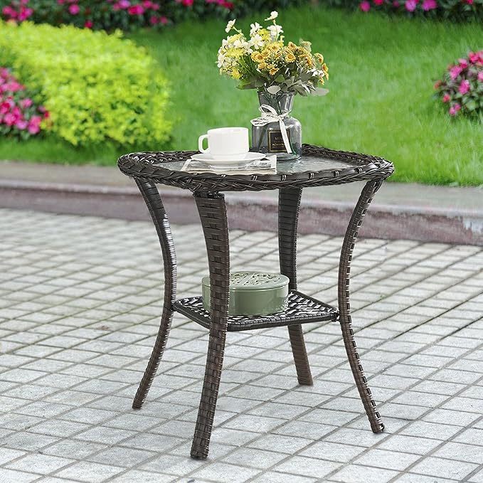 Belord Rattan Patio Side Table, 2 Tier Hand Woven Wicker Bistro Table, 5 mm Frost Glass Top Square Table, Brown Wicker