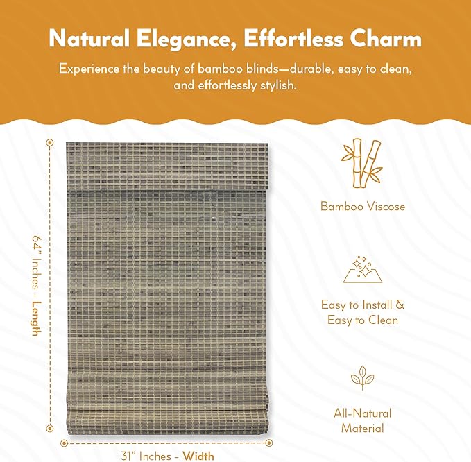 Radiance Cordless Bamboo Blinds - Flatstick Bamboo Roman Shades for Interior Windows - Roll Up Woven Shades with Valance - Inside & Outside Mount Roman Window Shades - Driftwood - 31" W x 64" L 63279