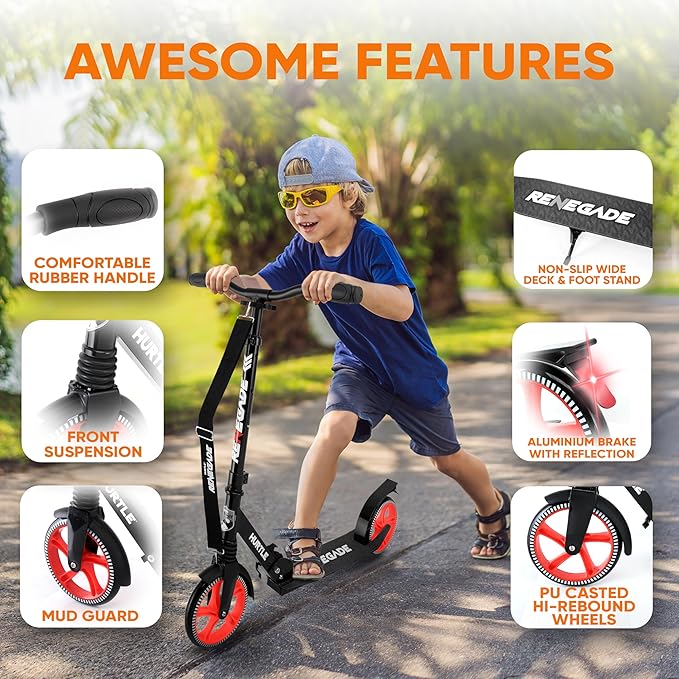 Hurtle Two Wheel Scooter for Teens, Smooth Gliding Kick Scooter for Adults w/Adjustable Height for Ages 8+, Portable All Terrain Scooter w/Carry Straps, Easy to Fold 63506