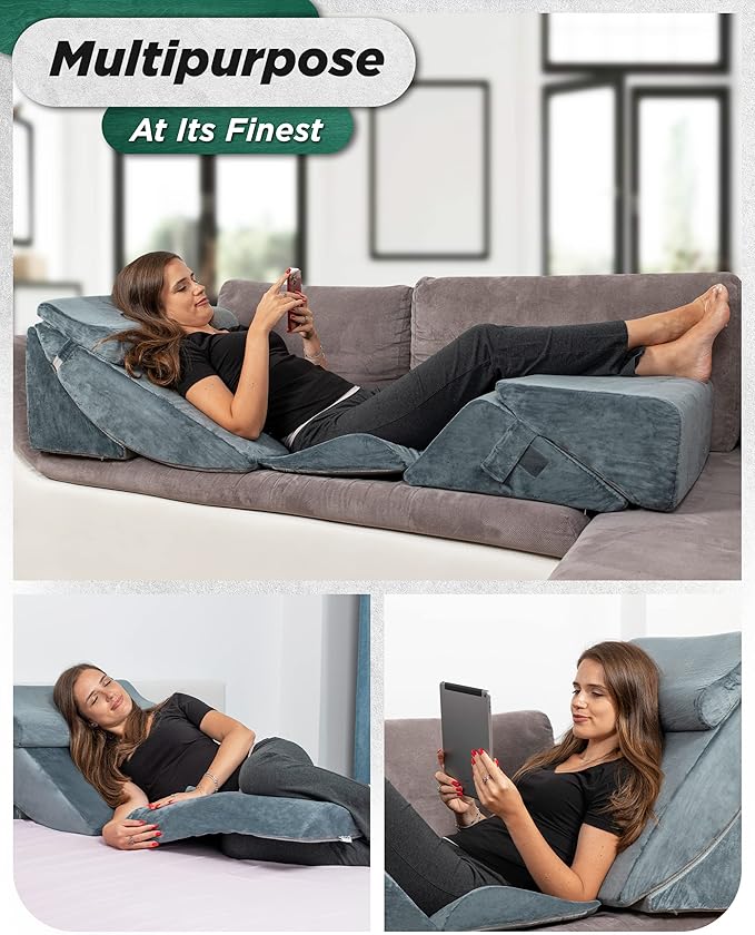 Orthopedic Bed Wedge Pillow Set, Post Surgery Memory Foam for Back, Neck and Leg Pain Relief. Sitting Pillow, Comfortable and Adjustable Pillows Acid Reflux for Sleeping Navy