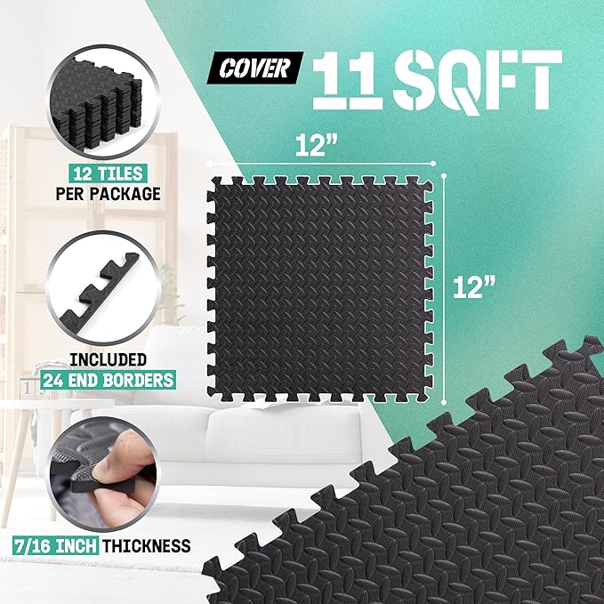 Yes4All EVA Interlocking Mats, Puzzle Floor Tiles, Foam Floor Padding with Border for Furniture, Home Space, Living Room, Garage - Black, 1.02 m2 63363