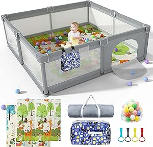 LUTIKAING 79"x71" Baby Playpen with Mat, Safe Playpen, Play Pen for Babies and Toddlers, Large Play Yard, Zipper Gate, Anti-Slip Suckers, Ideal Baby Gate Playpen for Toddlers 1-3