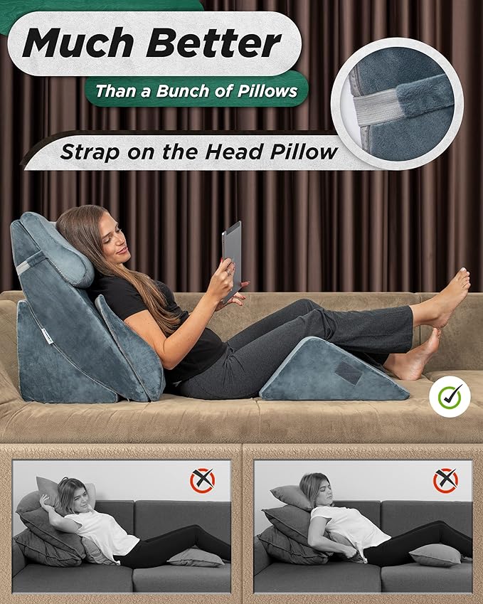 Orthopedic Bed Wedge Pillow Set, Post Surgery Memory Foam for Back, Neck and Leg Pain Relief. Sitting Pillow, Comfortable and Adjustable Pillows Acid Reflux for Sleeping Navy