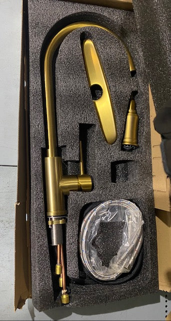 Kitchen Faucet with Pull Down Sprayer, Brushed Gold Pull Out Kitchen Faucets, Single Handle High Arch Kitchen Sink Faucet,Stainless Steel Pull Down Kitchen Sink Faucets with Deck Plate,Gold Bar Sink Faucet