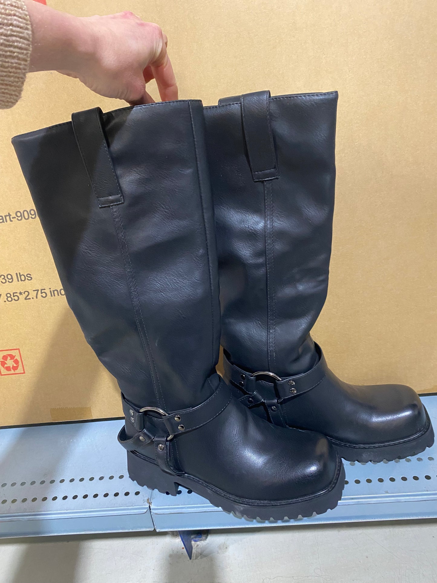 Women's Knee High Boots Square Toe Motorcycle Boots Chunky Low Heel Fashion Buckles, size 6.5