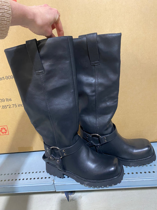 Women's Knee High Boots Square Toe Motorcycle Boots Chunky Low Heel Fashion Buckles, size 6.5