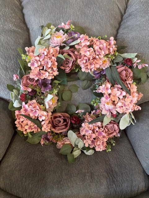 Wreath 23" Floral Artificial Wreath for Front Door Wall Decor Home Décor Festival Celebration Wedding Party New Owners Seasonal Decoration Housewarming Gifts EZsenses (Light Pink)