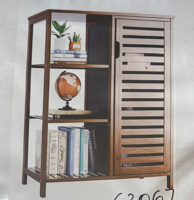 HITNET Bathroom Floor Cabinet, Bamboo Storage Cabinet with Door and 3 Open Shelves, Freestanding Side Kitchen Cupboard Organizer