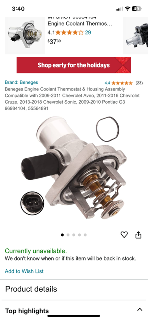 Beneges Engine Coolant Thermostat & Housing Assembly Compatible with 2009-2011 Chevrolet Aveo, 2011-2016 Chevrolet Cruze, 2013-218 Chevrolet Sonic, 2009-2010 Pontiac G3