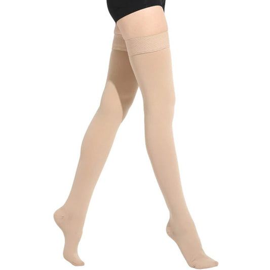Thigh High Compression Stockings, Closed Toe, Pair, Firm Support 20-30mmHg Gradient Compression Socks with Silicone Band, Unisex, Opaque, Best for Spider & Varicose Veins, Edema, Swelling, Beige XXL