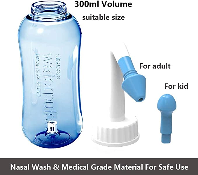 Sinus Rinse Nasal Wash Bottle + 300gr Sinus Rinse Salt - For Adults and Kids - BPA Free 300 ML Bottle with 2 Pieces Nasal Wash Adapters