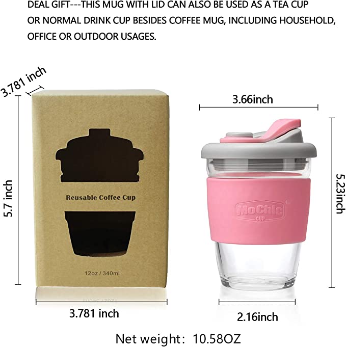 MOCHIC CUP Glass Travel Mug with Lid Reusable Coffee Cup Dishwasher and Microwave Safe