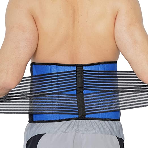 Neotech Care Neoprene Back Brace, Lumbar Support with Double Banded Strong Compression Pull Straps (Black & Blue, Size M)