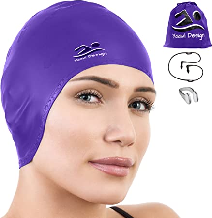 Yaavi Design Premium Silicone Swim Cap + Bonus Nose Clip