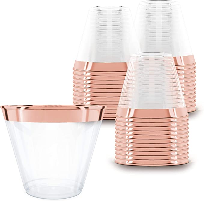 99 Rose Gold Plastic Cups - 9 Oz Double Rimmed Clear Plastic Cups