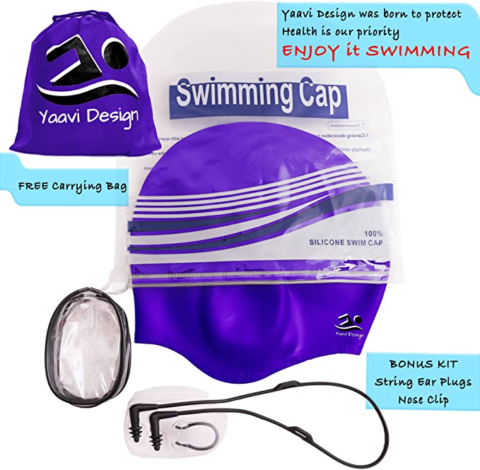 Yaavi Design Premium Silicone Swim Cap + Bonus Nose Clip