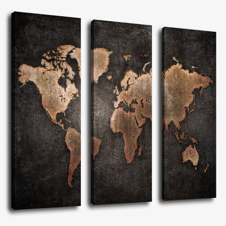 3 Panels Large World Map Modern Canvas Picture Print Wall Art, Single Picture: 600x300mm - Hand Painted