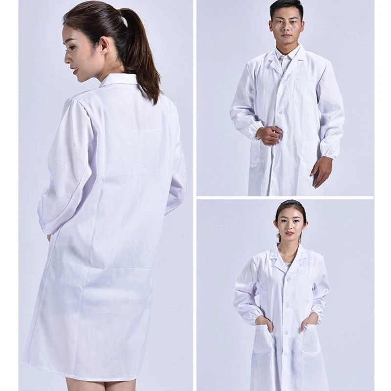 Women Men Unisex Long Sleeve White Lab Coat, M