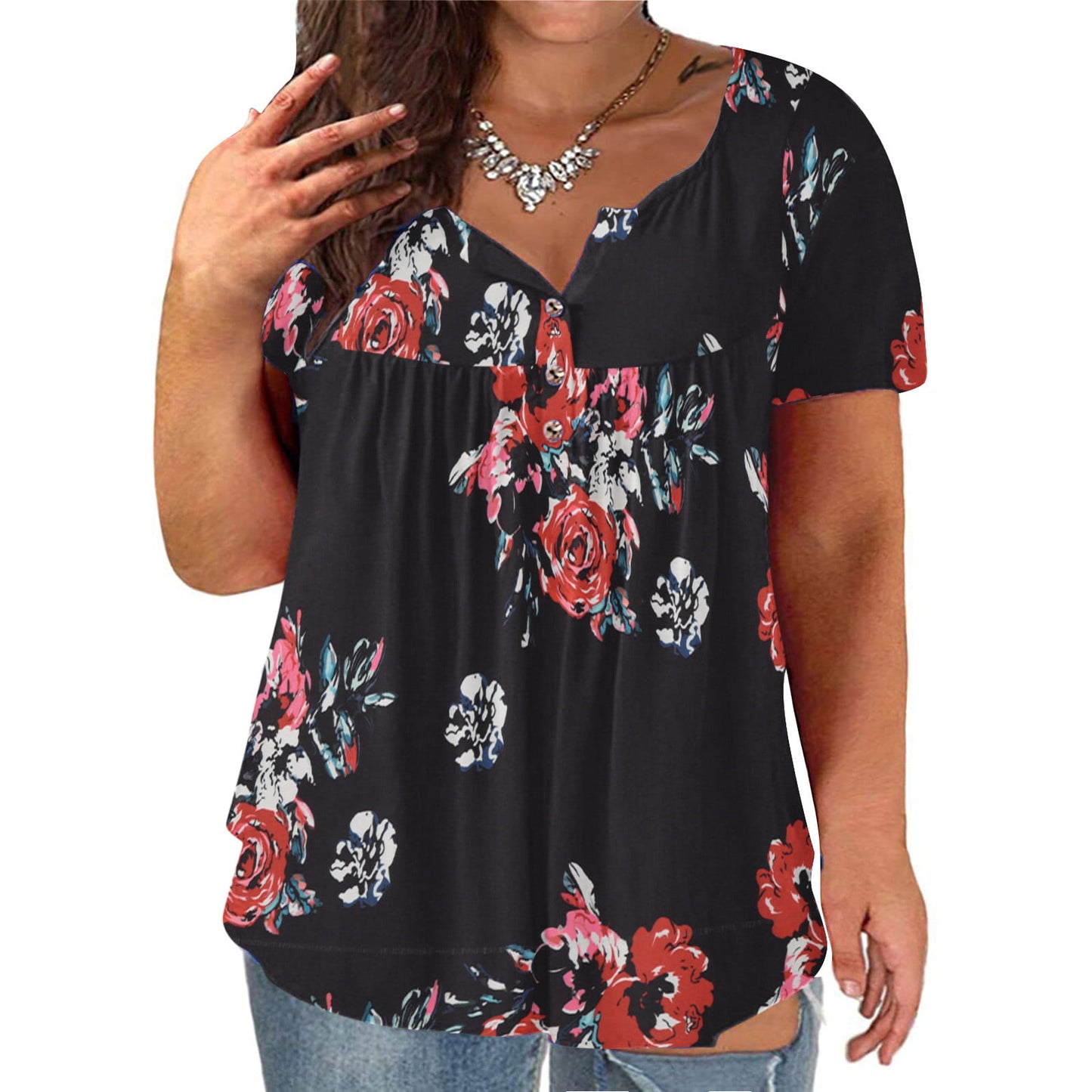 Canis Womens Summer Floral V Neck Blouses Loose Baggy Tops Tunic T Shirts Plus, Black, XXL